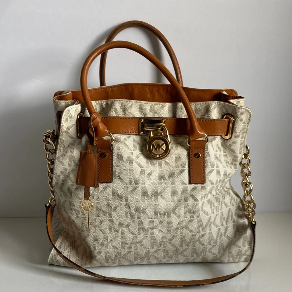 Michael Kors Beige Monogram Satchel with Tan Leather Trim